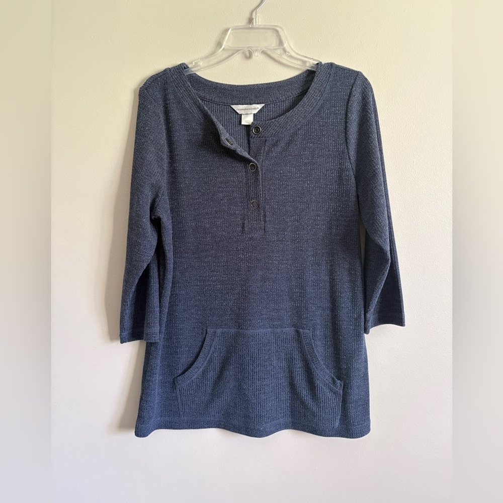 Christopher & Banks Womens Top Sz L Blue Henley Snap 3/4 Sleeve Stretch Casual